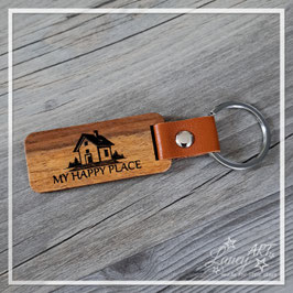 Schlüsselanhänger Holz & Lederdesign "My Happy Place + Haus"