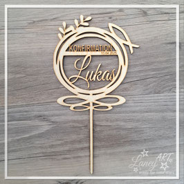 Caketopper Holz "Konfirmation, Fisch, Name & Datum" Beispiel: Lukas