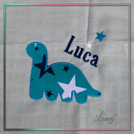 Bestickte Mullwindel "Name & Dino" Beispiel: Luca