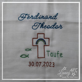 Bestickte Mullwindel TAUFE "Name, Datum & Kreuz" Beispiel: Ferdinand Theodor