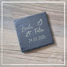 Rustikaler Schieferuntersetzer "Hochzeit mit NAME & Datum" Design: Linda & Felix