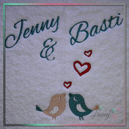 HOCHZEIT-Handtuch - "Vogelpaar mit Herzchen" - Beispiel: Jenny & -Basti