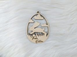 Anhänger oval Frohe Ostern mit Hase und Wolken