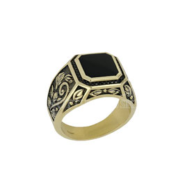 Anello da uomo  in oro giallo 18kt a scudo con pietre e zirconi neri Referenza: 803321738513