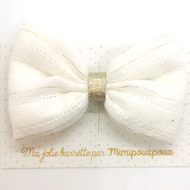 Grande barrette coton blanc brodé, liserai or, lien or