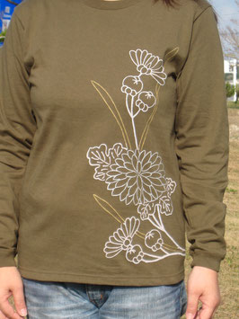 長袖Tシャツ　紅型　古典柄　菊柄（縦柄）　オーリブ