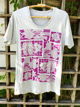 紅型　魚（いゆ）扇子　Tシャツ（グレー赤紫）