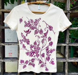紅型　古典柄　唐草模様葵鳥　レディースタイプTシャツ（赤紫）