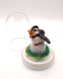 macareux pêcheur miniature sur son rocher (sous cloche de verre)