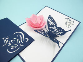 Carte pop-up papillon bleu et fleur rose