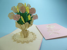 Carte pop-up bouquet de roses roses, jaune et blanches emballées