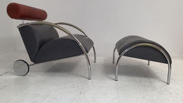 COR - Design - Sessel Zyklus mit Hocker Leder grau-rot