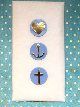 Wachs-Kreis 3er Set 2cm hellblau, großes Herz,Anker und Kreuz gold spiegelglanz