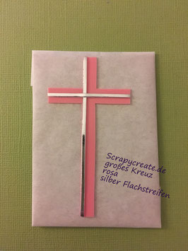 Wachsmotiv Kreuz rosa mit Silberstreifen flach 8cm