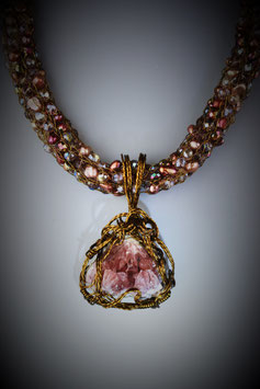 Pink Amethyst Crystal Cluster on a Coordinating French Knit Necklace