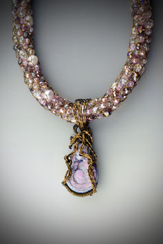 Soft Iridescent Pink Druzy Pendant on a Beaded French Knit Necklace