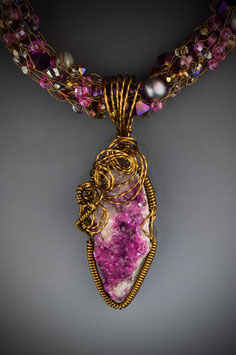 Bright Pink Cobaltoan Crystal Cluster Gemstone Pendant on a Beaded French Knit Necklace