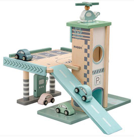 Houten Parkeergarage en Tankstation en Lift - 18-delig - pastelkleur