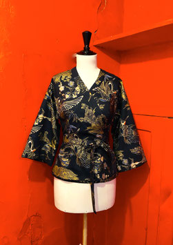 Haut Kimono bleu marine motif grue/tortue