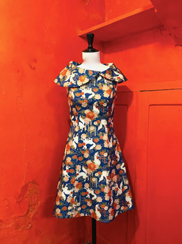 Robe grand col couleur bleu motif renard