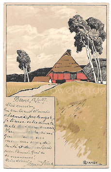 Alte Künstler Postkarte NORDDEUTSCHE LANDSCHAFT MIT BAUERNHOF UND BIRKEN, signiert H. Grande 1907