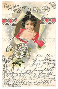 Alte Jugendstil Postkarte FRÖHLICHE PFINGSTEN Rote Herzen, Frau mit Margeriten 1909