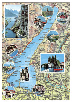 Alte Postkarte LAGO DI GARDA  - Landkarte, Panoramakarte mit Fotos von Ortschaften, Italien 1960er Jahre