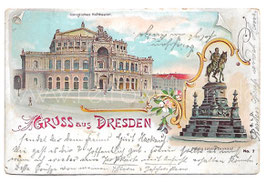 Alte Lithografie Postkarte GRUSS AUS DRESDEN Hoftheater, König Johann Denkmal 1901