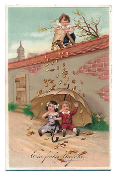 Alte Lithografie Postkarte "EIN FROHES NEUJAHR"  Junge leert einen Sack mit Münzen auf Kinder mit Regenschirm, 1914