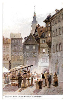 Alte Künstler Postkarte COBURG Bratwurst-Stand auf dem Marktplatz um 1915