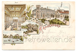 Alte Lithografie Postkarte DORTMUND - GRUSS VON DER KRONENBURG Saal, Schwanenteich, Grotte - 1897