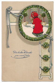 Alte Jugendstil Postkarte "DIE BESTEN WÜNSCHE ZUM NEUEN JAHRE"  Mädchen bringt Blumen, 1905