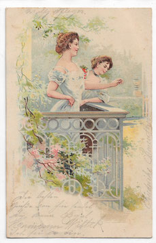 Alte Jugendstil Künstler Postkarte  ZWEI SCHÖNE FRAUEN PLAUDERN VOM BALKON