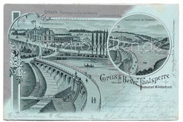 Alte Lithografie Mondschein Postkarte HÜCKESWAGEN Gruss von der Bever Thalsperre, Restaurant W. Hillenbach - 1899