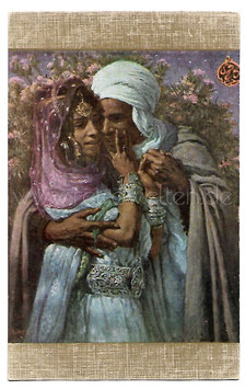 Alte Künstler Postkarte ESCLAVE D' AMOUR  LIEBESSKLAVE Beduine umarmt eine schöne Frau, signiert E. Dinet