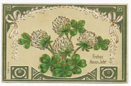 Alte Jugendstil Postkarte Neujahr "FROHES NEUES JAHR" Glücksklee mit Blüten