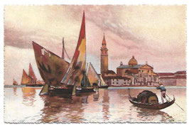 Alte Künstler Postkarte VENEDIG VENEZIA  Isola di San Giorgio, Gondoliere und Segelschiffe in der Lagune