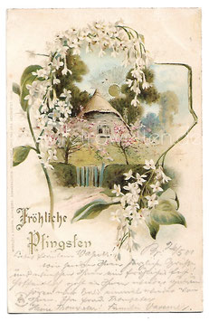 Alte Sonnenschein Postkarte FRÖHLICHE PFINGSTEN Landschaft mit Sonne und Blumen 1901