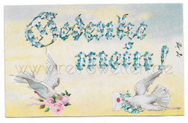 Alte Künstler Lithografie Postkarte GEDENKE MEIN weiße Tauben bringen einen Brief und Rosen