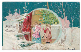 Alte Lithographie Postkarte Weihnachten    A MERRY CHRISTMAS Weihnachtsbaum, Mädchen, Geschenke, Spielzeug