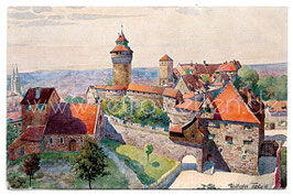 Alte Künstler Postkarte NÜRNBERG Blick vom fünfeckigen Turm auf die Königliche Burg, signiert Wilhelm Tebje