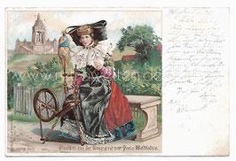 Alte Lithografie Postkarte TRACHTEN AUS DER UMGEGEND DER PORTA WESTFALICA, Frau in westfälischer Tracht am Spinnrad, 1901