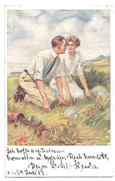 Alte Künstler Postkarte LOST? ...verliebte Golfspieler suchen einen Ball, signiert Clarence F. Underwood