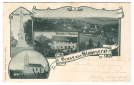 Alte Lithografie-Ansichtskarte GRUSS AUS STEPHANSRIED Kneipp-Denkmal, Wirtschsft zum Jägerhaus, Kirche, 1900