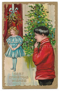 Alte Lithographie Postkarte Weihnachten BEST CHRISTMAS WISHES Weihnachtsbaum, Mädchen unter einem Mistelzweig