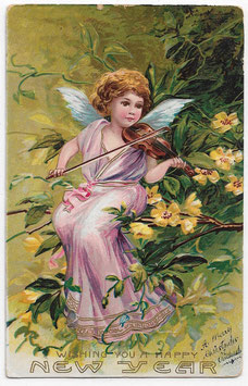 Alte Lithografie Postkarte Neujahr "WISH YOU A HAPPY NEW YEAR" Engel spielt Geige