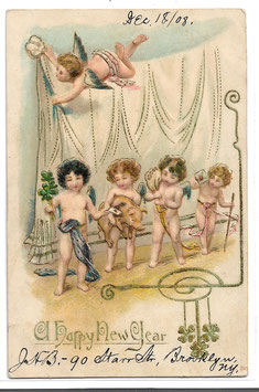 Alte Lithografie Postkarte Neujahr "A HAPPY NEW YEAR" Engel, Glücksklee, Geldsack, Brief, Glücksschwein, 1908