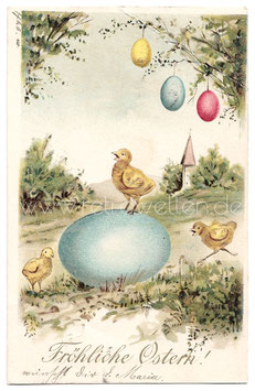 Alte Präge-Postkarte FRÖHLICHE OSTERN Küken mit großem Osterei, 1904