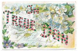 Alte Präge Postkarte ROSENGIRLANDE MIT LIEBESSPRUCH  "IN TREUE DEIN"
