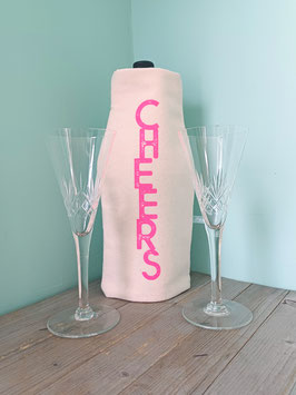 Kühlhusse für Wein- und Sektflaschen Cheers Schriftzug Neonpink handbedruckt
